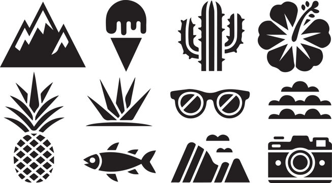 Summer Tropical Vacation Icons Set, Black Silhouette Beach Holiday Symbols, Pineapple Cactus Camera Sunglasses Nature Collection, Vector Illustration