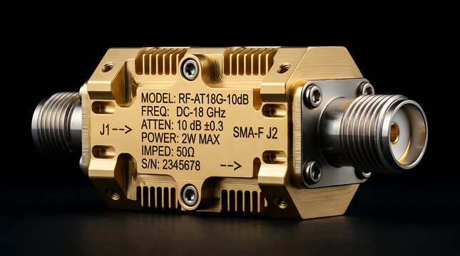 Attenuator device featuring gold-plated housing and precise technical specifications provides signal attenuation for radio frequency systems in professional telecommunications and laboratory.