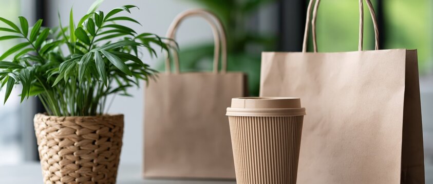 An eco-conscious scene features a reusable coffee cup paired with sustainable shopping bags, highlighting a lifestyle committed to environmental preservation and convenience.