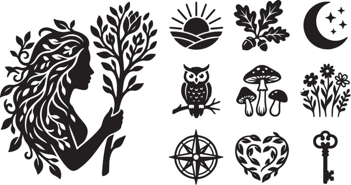 Whimsical black and white mystical forest goddess illustration set