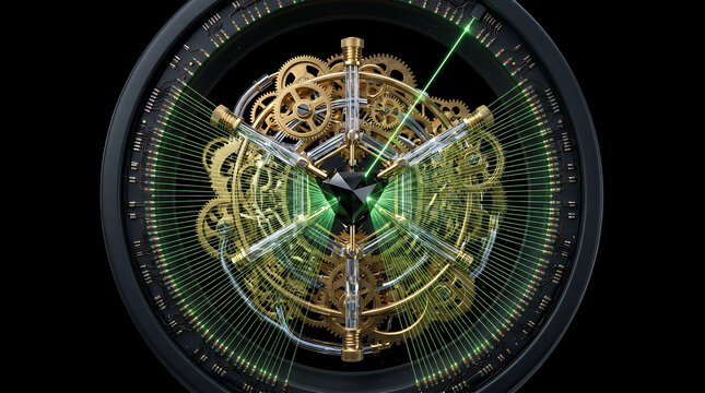 Clockwork mechanism featuring complex golden gears and glowing green light rays radiates from a central point within a circular frame to symbolize precision timekeeping and advanced mechanical design.