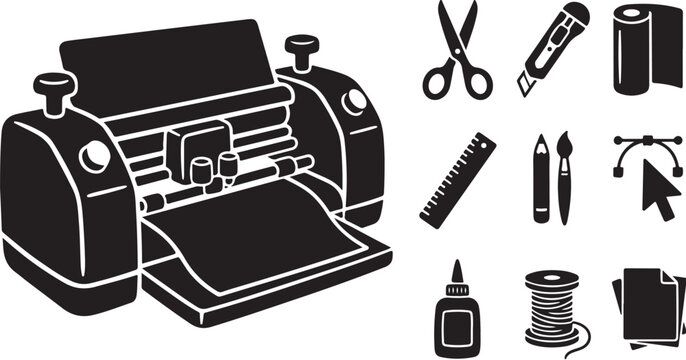 Black and white illustration of a paper cutter machine