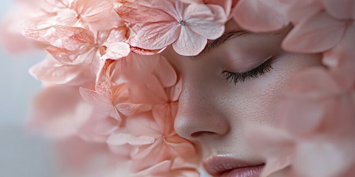Close up of beautiful woman's face surrounded with pink hydrangea flowers. Generative ai, AI generated