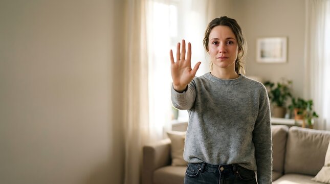Young woman with tearful eyes making a stop gesture with her hand in a living room