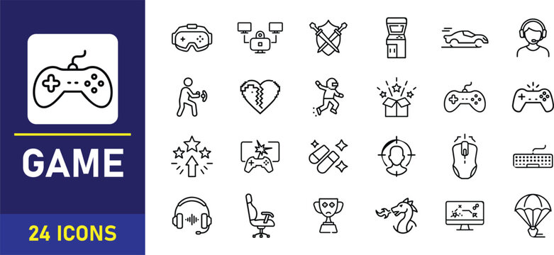 Gaming Icons Collection with Controller and Headset in Clean Flat Design for Digital Media