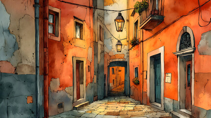 Fototapeta premium Vibrant orange alleyway with lanterns and peeling plaster walls in old town sunlight casting shadows on cobblestone street