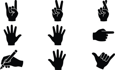 Fototapeta premium Black Silhouette Hand Gesture Icon Set with Rock On Peace Sign Shaka Pointing Writing and Open Palm for Communication UI and Symbol DesignPrint