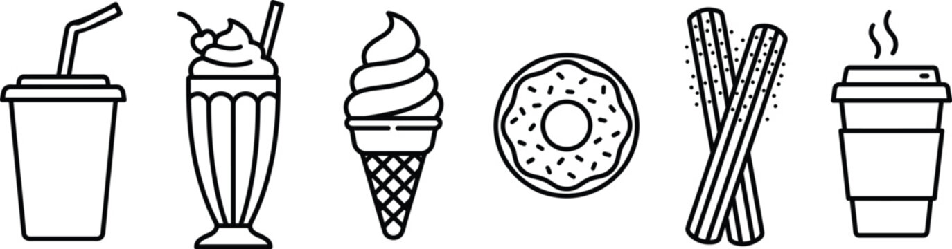 Fast Food Drink and Dessert Monoline Icon Set - Soda, Ice Cream, Coffee, Donut Vector