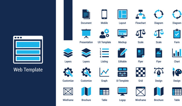 Modern web template icons set, blue and black UI design elements vector, professional business interface graphics for website development