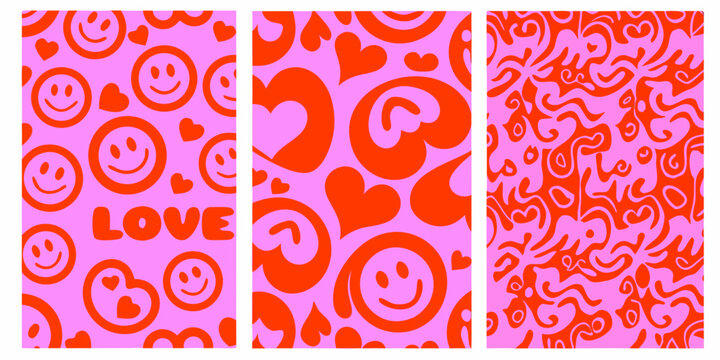 three psychedelic pattern panels in vibrant pink patterns smiley faces hearts swirls