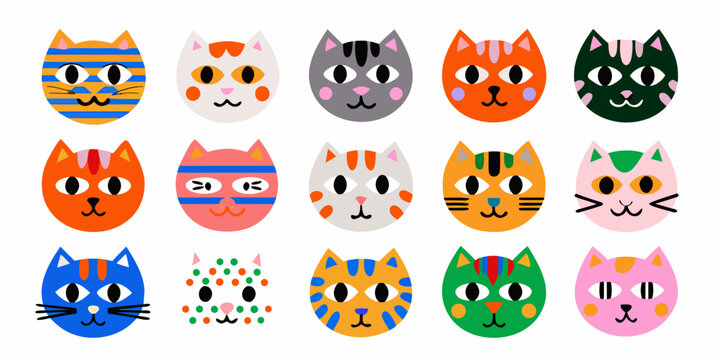 cat faces vector illustration set on white background colorful animal design graphic