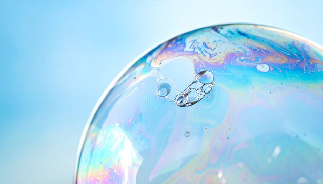 Iridescent soap bubble floats in clear blue sky