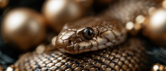 Obraz premium A striking close-up of a brown snake coiled amidst decorative golden spheres, symbolizing beauty and grace in the animal kingdom with intricate details of its scales.