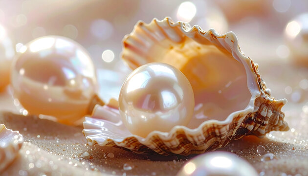 Pearl in oyster shell on sand with light flares
