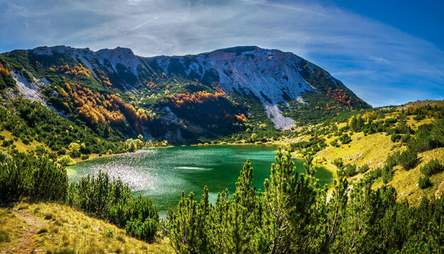 Sator Lake located below Sator Mountain in Bosnia and Herzegovina. Autumn landscape.