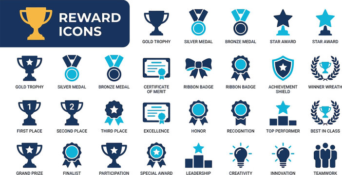 A comprehensive set of reward and achievement icons, featuring trophies, medals, certificates, and recognition symbols in blue and gold.