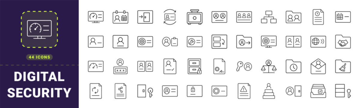 Digital access management line icon set. Vector pictograms of permissions, accounts, security, and audit elements, thin linear illustration.