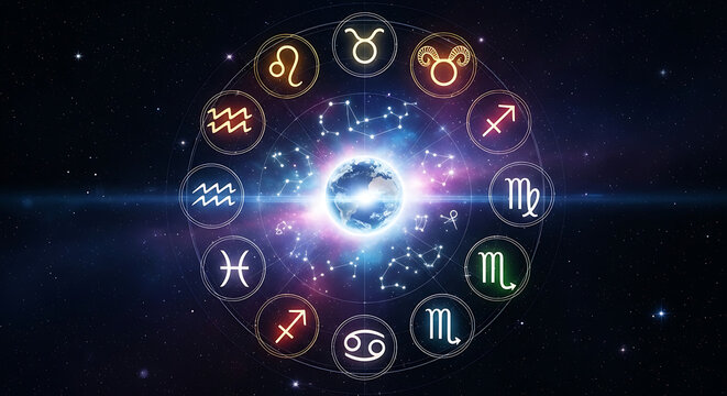 Stunning astrological zodiac wheel surrounding a glowing celestial body amidst a swirling galaxy, symbolizing fate, horoscopes, and the profound cosmic connection
