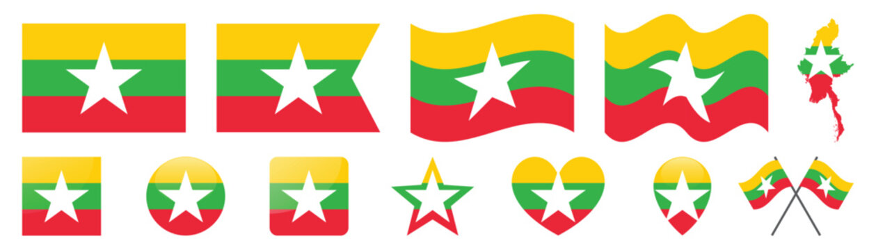 Myanmar national flag collection with varied shapes and map illustration.
