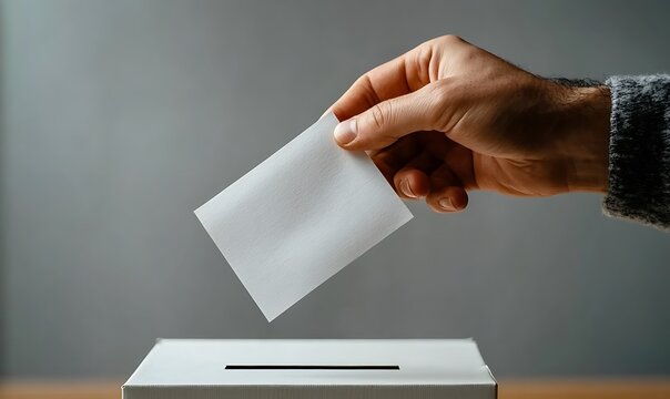 Hand dropping white paper ballot into white box for voting concept.