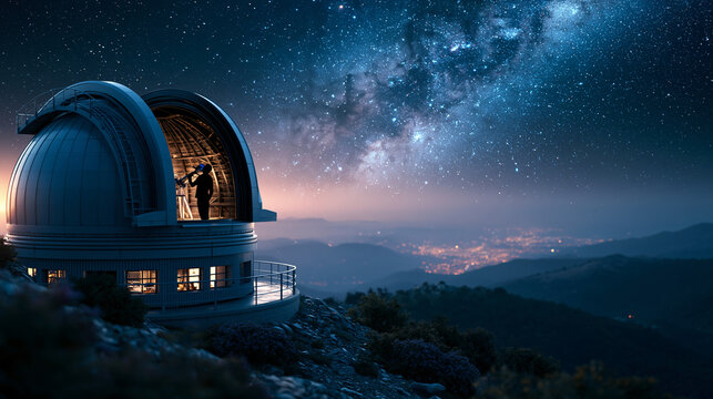 Astronomer silhouette inside a remote mountain observatory dome under a brilliant starry sky linking Earth science and space exploration