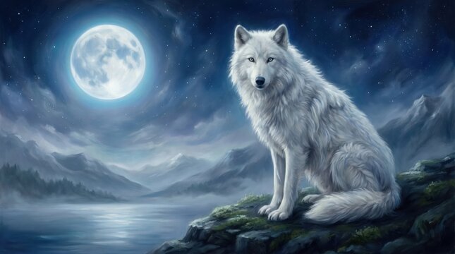 A white wolf sitting on a rocky outcropping overlooking a lake and mountains under a full moon