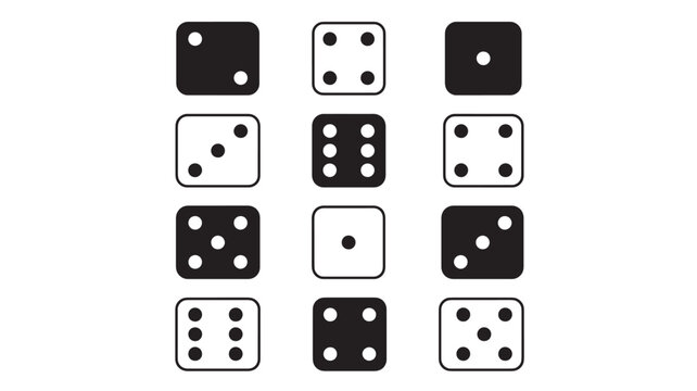 Dice Icons with Various Pip Patterns, Black and White, Minimal Vector-Style Graphic Set for Games, Math and Probability