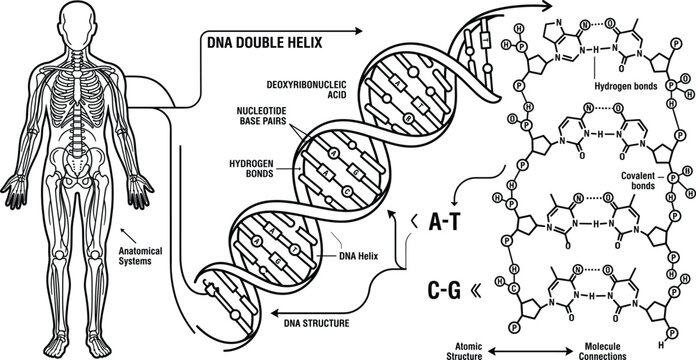 DNA double helix structure diagram vector showing human anatomical systems nucleotide base pairs hydrogen bonds and chemical molecule connections isolated on white background (exactly 23 words)