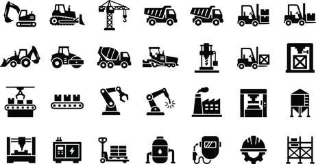 Heavy construction machinery and industrial factory icon set vector featuring trucks cranes excavators forklifts robotics and warehouse equipment isolated on white background (exactly 23 words) © Malati