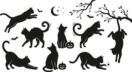 Halloween black cat silhouettes vector set featuring spooky felines pumpkins bats crescent moon and tree branches isolated on white background for seasonal design (exactly 23 words) © Malati