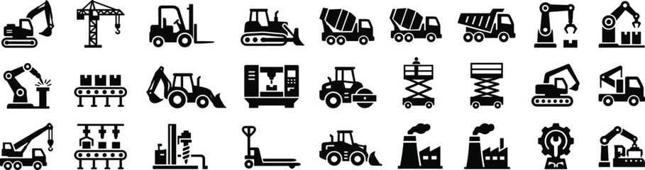 Industrial manufacturing and heavy construction machinery icon set vector featuring factory robotics warehouse forklifts trucks excavators cranes isolated on white background (exactly 23 words) © Malati