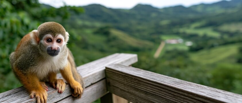 A playful squirrel monkey perched on wooden railings, curiously exploring its surroundings in a lush green landscape, showcasing wildlife and natural habitat.
