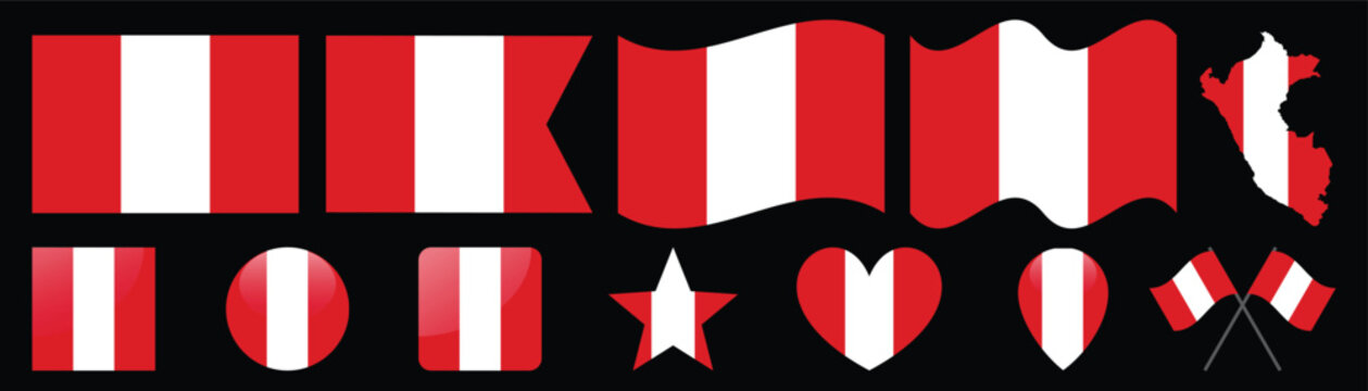 Set of Peru flags in many different styles and shapes on black background.