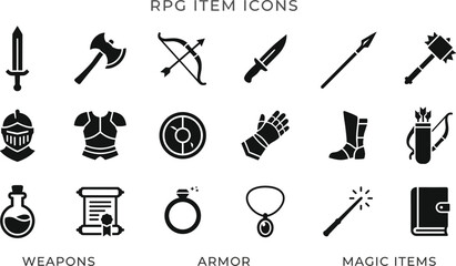 RPG item icons vector set featuring black fantasy video game assets including weapons armor and magic items isolated on white background (exactly 22 words) © Malati
