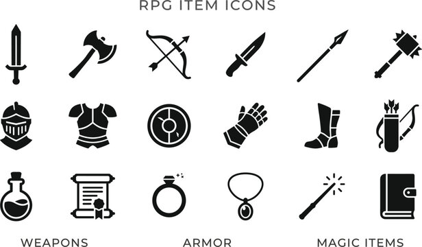 RPG item icons vector set featuring black fantasy video game assets including weapons armor and magic items isolated on white background (exactly 22 words)