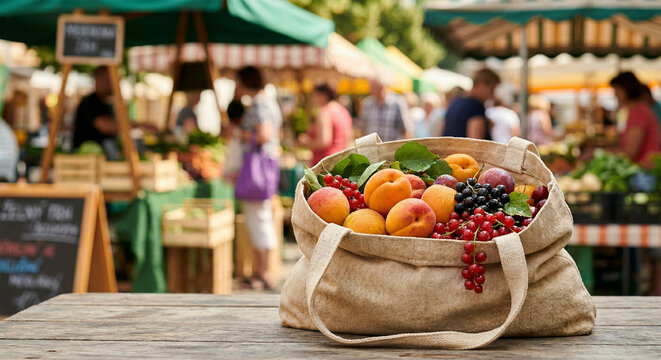 A canvas tote bag filled with fresh apricots, berries, and grapes sits on a rustic wooden table with a blurred farmer's market in the background.