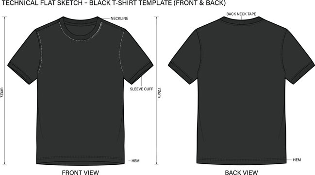 Technical flat sketch of a black t shirt template vector showing front and back view with neckline sleeve cuff and hem measurements (exactly 23 words)