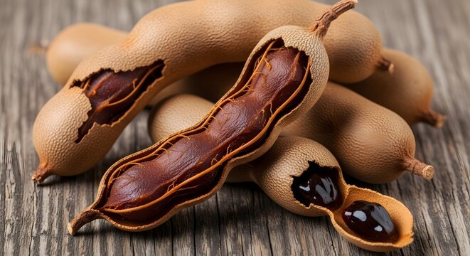 Tamarind pods with open shells displaying dark pulp on wooden surface