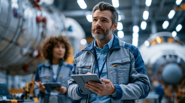 Engineers inspecting a rocket section inside a bright aerospace facility during pre launch preparation with tablets and tools team teamwork premium photorealistic
