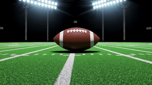 Football resting motionless on vibrant green turf, illuminating stadium creating dramatic moment of intense anticipation before potential action in professional league match