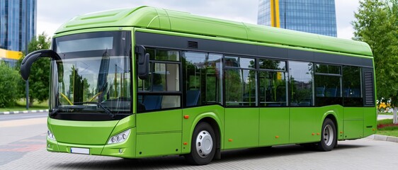 Obraz premium A sleek green city bus is parked amidst a bustling urban environment, showcasing public transportation and sustainable travel, blending modern architecture and eco-friendliness.