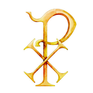 Watercolor Illustration of Golden Chi Rho Symbol Isolated on White