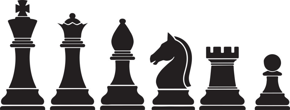 Chess Pieces Icon Set, Black Silhouette Of King, Queen, Bishop, Knight, Rook, and  Pawn Vector