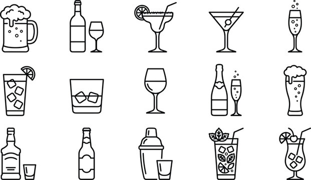 Collection of alcohol drink and cocktail line icons.