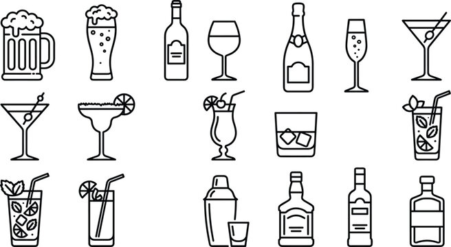Collection of alcohol drink and cocktail icons in thin line style.