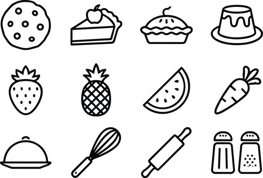 Set of black and white cooking and food icons.