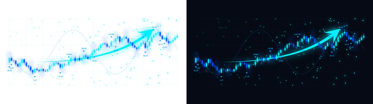 A PNG image of A dynamic digital financial chart with glowing blue candlestick bars and an upward trending arrow, indicating business growth on transparent background. on transparent background