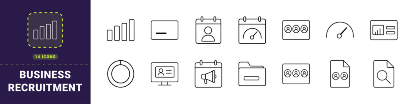 Business recruitment line icon set. Vector pictograms of hiring planning, staffing schedules, candidate workflow, and workforce analytics elements, thin linear illustration.