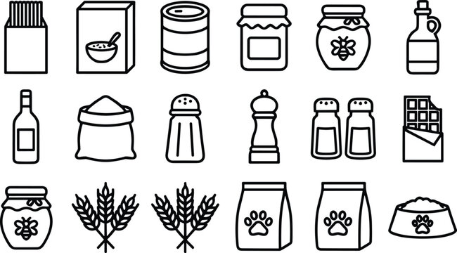 Set of grocery food and pet supply line icons.