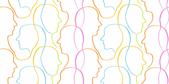 continuous line art human profiles seamless pattern profile silhouette colorful repeating graphic